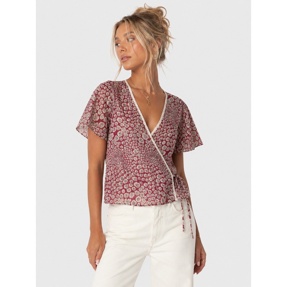 Liberty of London for Target Pink Floral Wrap Top Sheer Short Sleeve XS/S